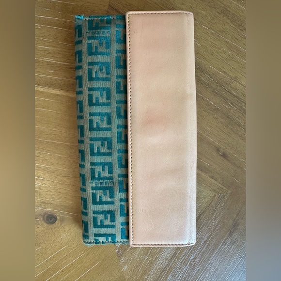 Rare Vintage Fendi Zucca FF Logo Leather & Canvas Continental Wallet Teal - Picture 6 of 11